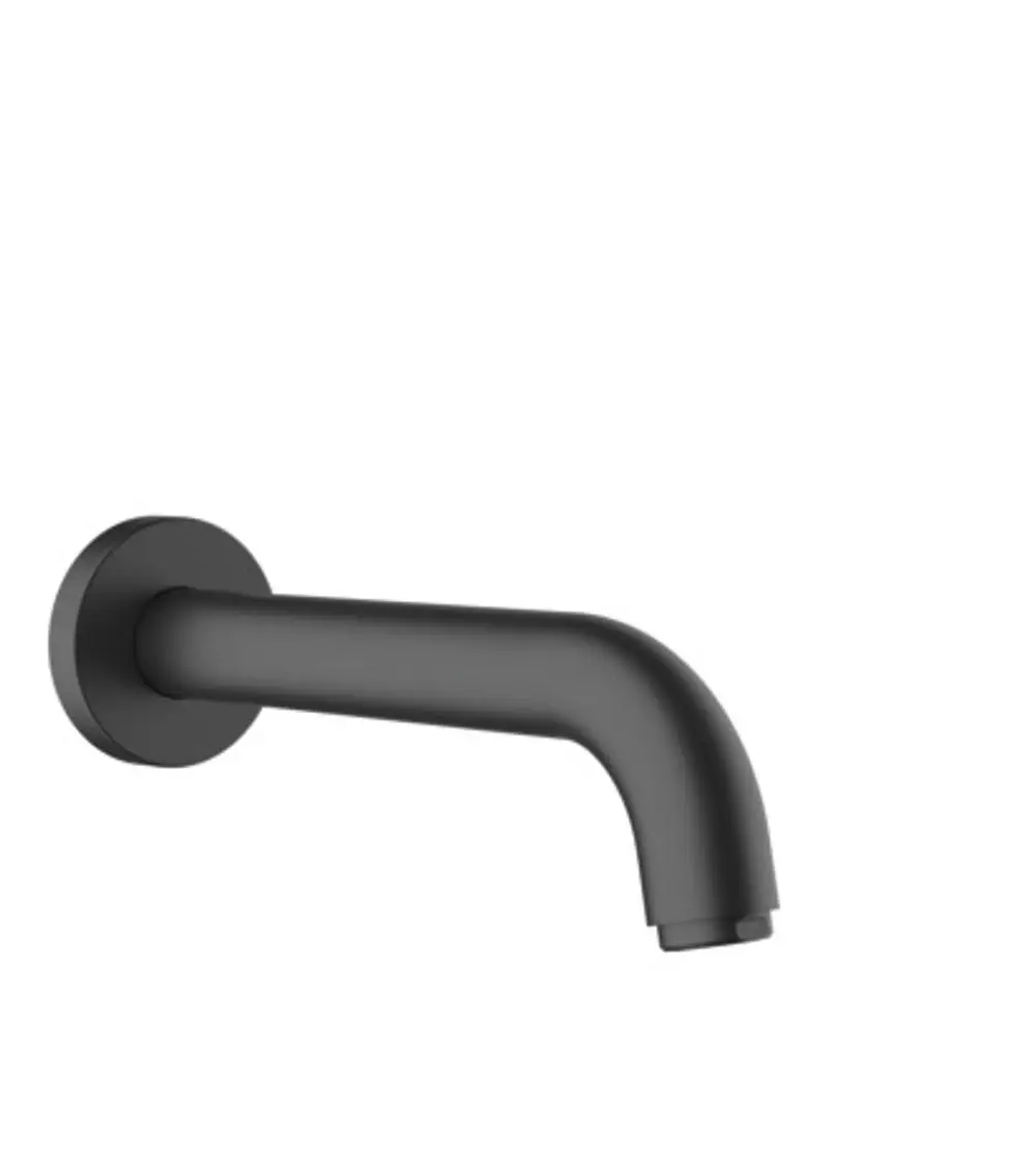 Öffnung eines Wand-Wanneneinlaufs in mattschwarz von Hansgrohe, geradliniges Design mit sanft geschwungenem Auslauf.